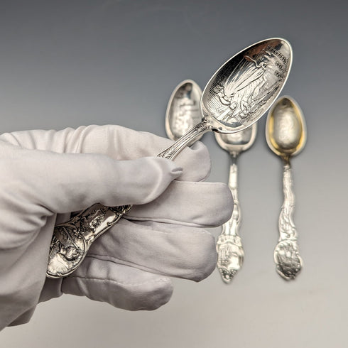 1900 年左右美國古董純銀紀念品湯匙 x4 甜點湯匙尺寸